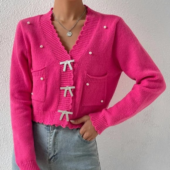. Sweaters - Pink Preppy Womens Pearls Beaded Dual Pocket Scallop Trim Cardigan